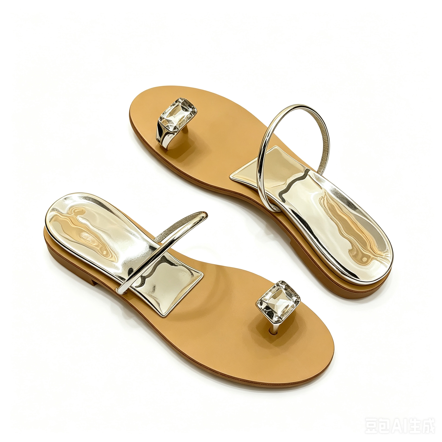 Crystal Gem Toe Ring Flat Sandals – Gold Mirror